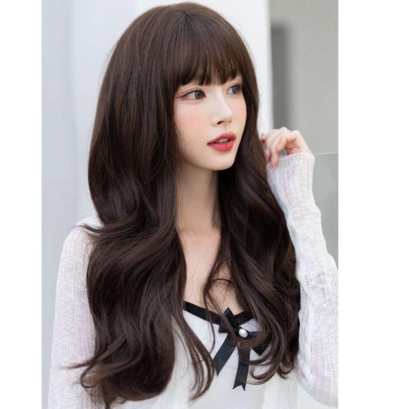 Tóc giả nguyên đầu xoăn sóng dài chất liệu sợi tơ cao cấp