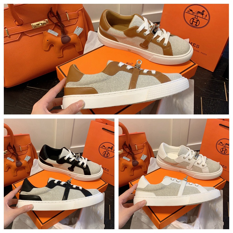 Hermes Giày Kelly Khóa Cài Ba Màu Trắng Tùy Chọn Bề Mặt Lưới Phẳng Thoáng Khí Sang Trọng Quý Phái Chống Mài Mòn Thoải Mái Mặc Hàng Ngày