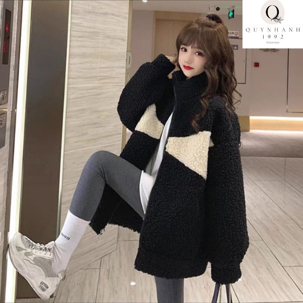 Áo khoác lông cổ cao LOGO gấu kèm túi, Áo lông nam nữ From rộng màu Đen Trắng Ullzang áo cặp đôi hotren 2022