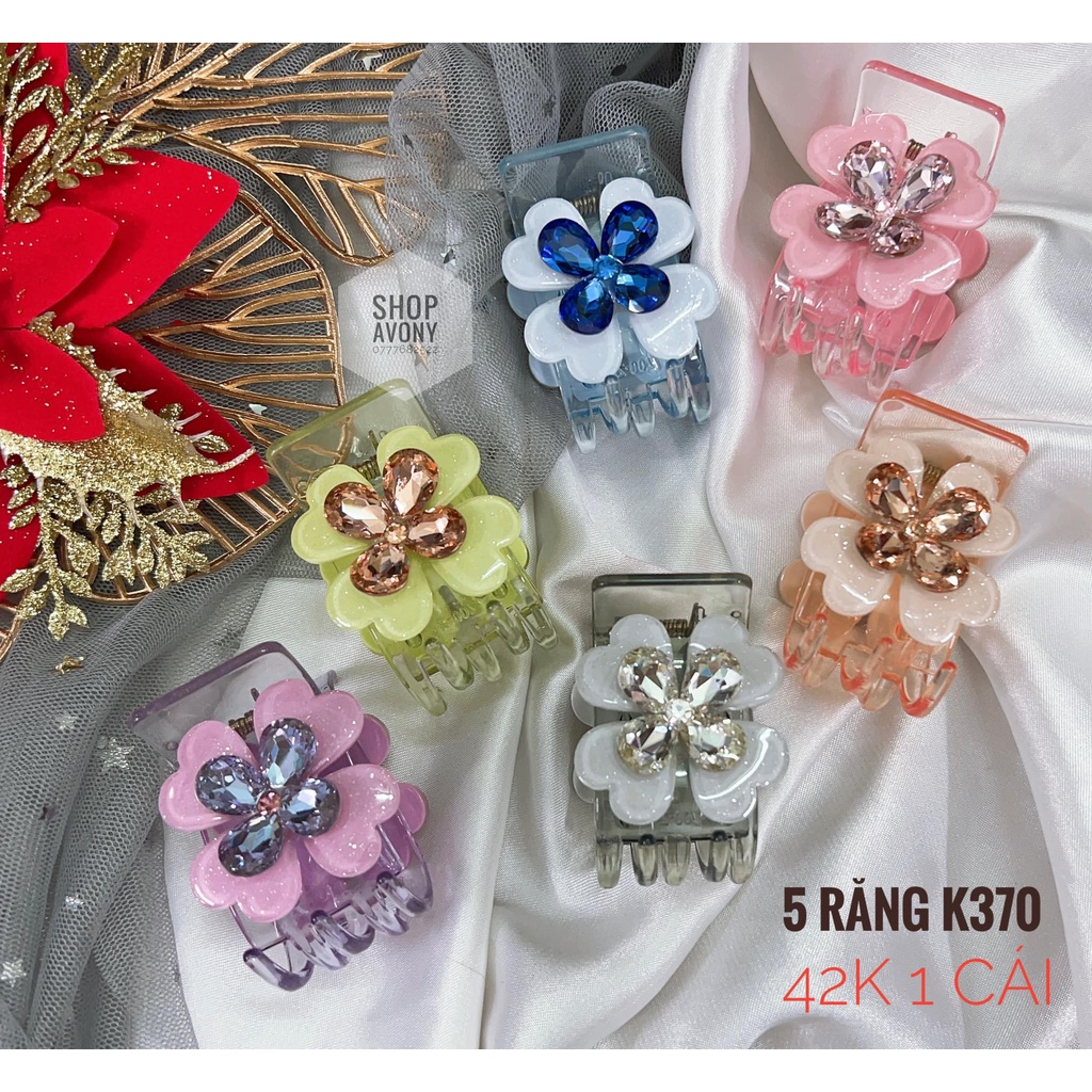 Bấu tóc càng cua - kẹp tóc 3 răng meka hoa cánh tim đính hạt pha lê