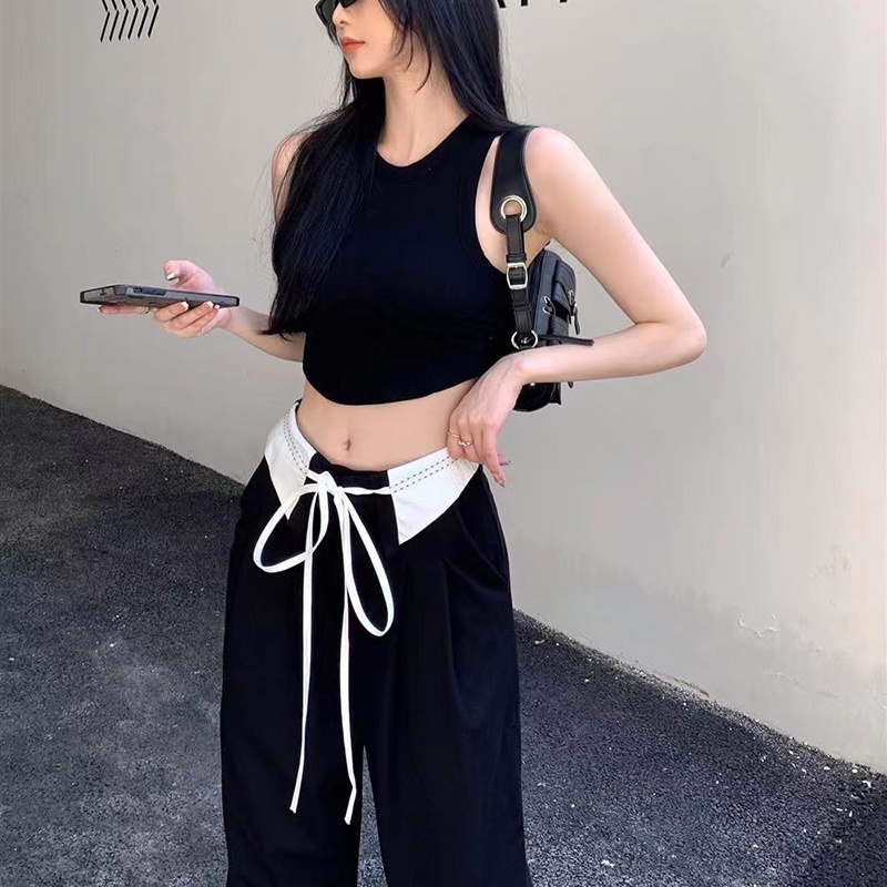 IELGY  IELGY Quần Dài Dây Rút Dáng Rộng Màu Sắc Tương Phản Thời Trang Cho Nữ