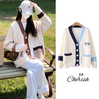 Áo khoác cardigan thêu chữ phối 2 màu áo cadigan len nữ dày dặn cherish-cd08
