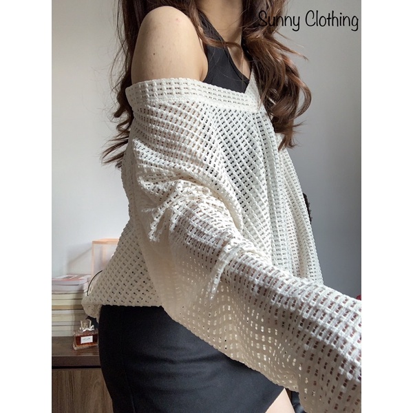Ảnh thật của shop kèm video/Set áo lưới form rộng cổ V kèm áo yếm croptop co dãn cổ chui bên trong