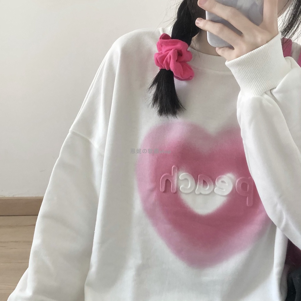 Áo Sweater Tay Dài Dáng Rộng Cổ Tròn In Hình Trái Tim Màu Hồng / Trắng Thời Trang Mùa Thu Cho Nữ