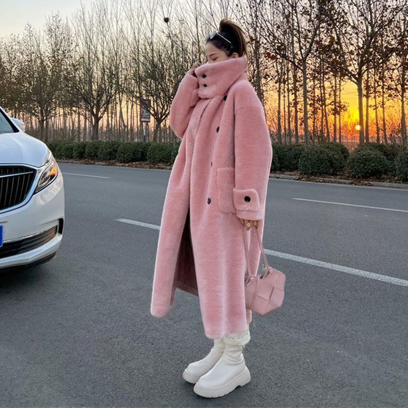 [S N ph m] Áo Khoác Lông Cừu Dày Dáng Dài Cổ Đứng Hai Hàng Nút Cài Phong Cách Hàn Quốc Dễ Phối Đồ Mùa Đông Cho Nữ