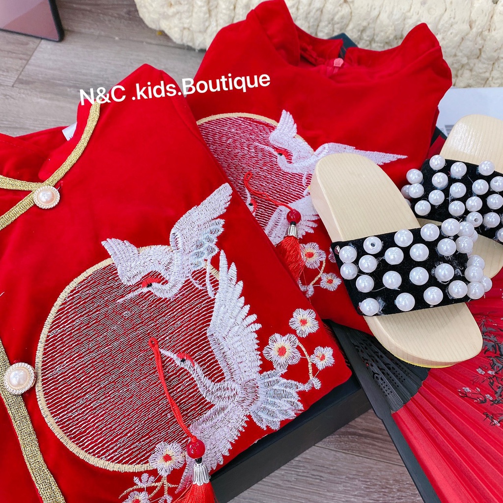 Áo dài cách tân cho bé trai, bé gái  chất liệu nhung cao cấp hongvybaby