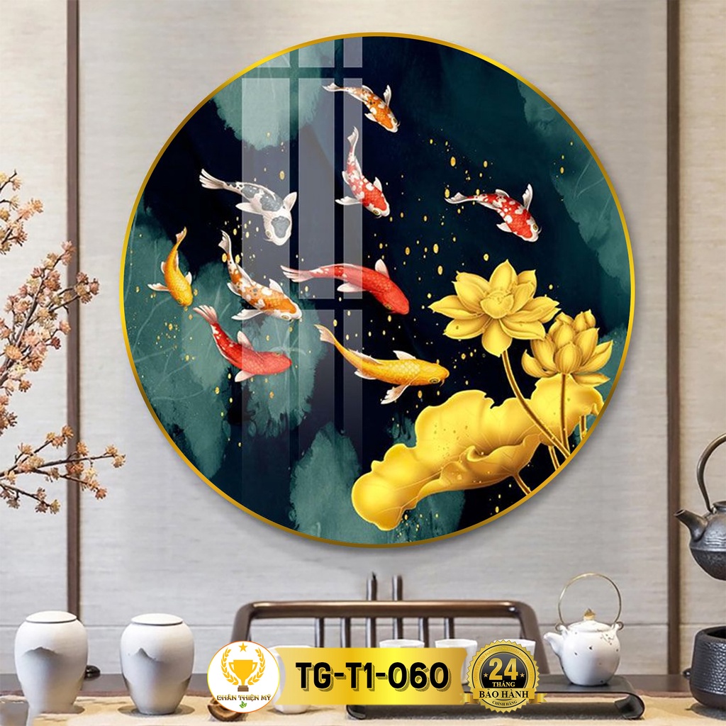 Tranh Tráng Gương Pha Lê Tròn CHÂN THIỆN MỸ, Decor Treo Tường Trang Trí Phòng Hoa Sen Cửu Ngư Quần Hội TG-T1-060