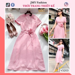 V3203 váy đầm dạ hồng cổ v váy dạ xoè hồng đính hoa sang chảnh - dvc&acc