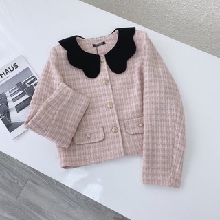 Áo dạ tweed cổ nhung lượn sóng