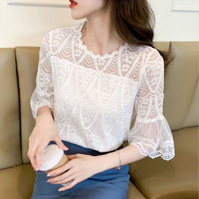 Áo Sơ Mi Tay Lửng Phối Ren Màu Trắng Thời Trang Mùa Hè Cho Nữ
