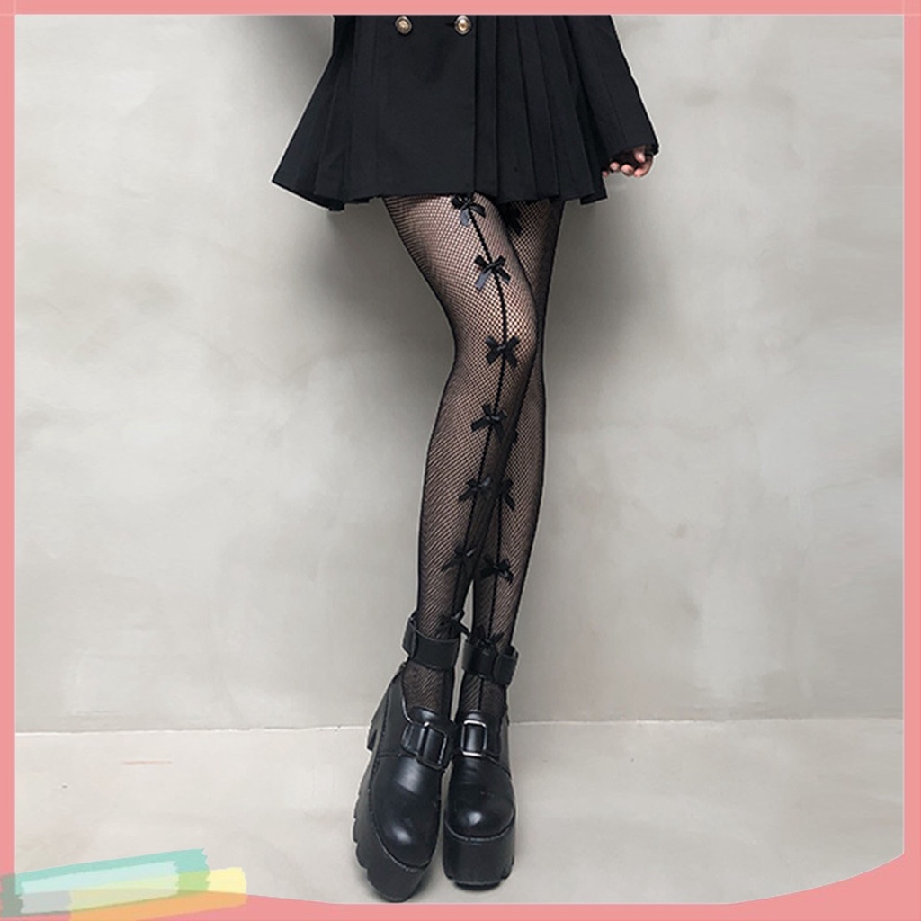 Quần Tất Lưới Màu Đen Đính Nơ Phong Cách Nhật Bản Cho Nữ