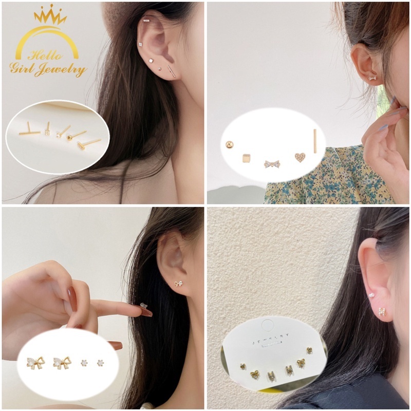 Set 5 bông tai bạc S925 đính đá thời trang dành cho nữ