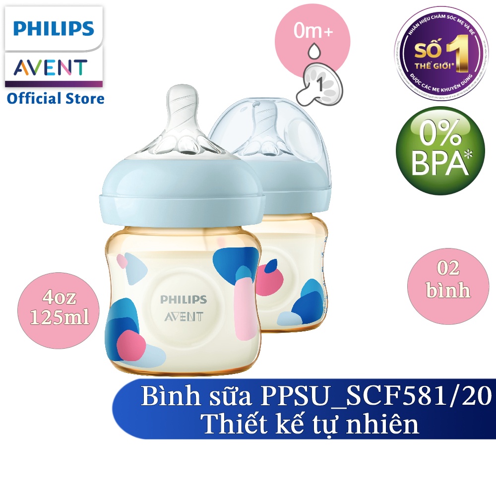 Philips Avent Hộp 2 Bình sữa PPSU thiết kế tự nhiên 125ml cho trẻ từ 0 tháng tuổi SCF581/20