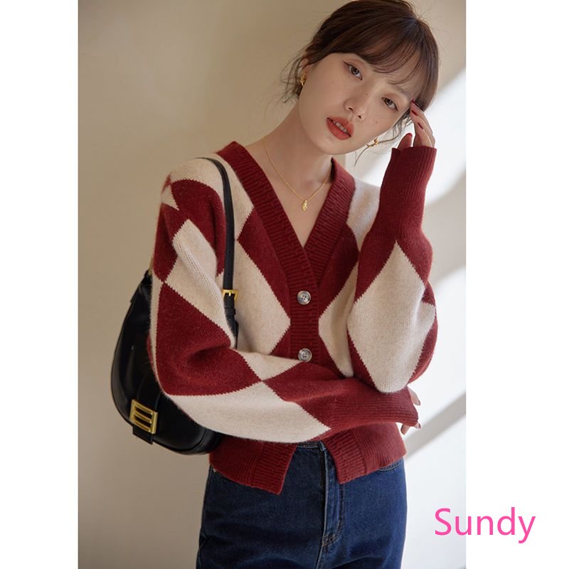 Áo Len Dài Tay Cổ Chữ V Form Rộng Họa Tiết Hình Thoi Thời Trang Thu Đông