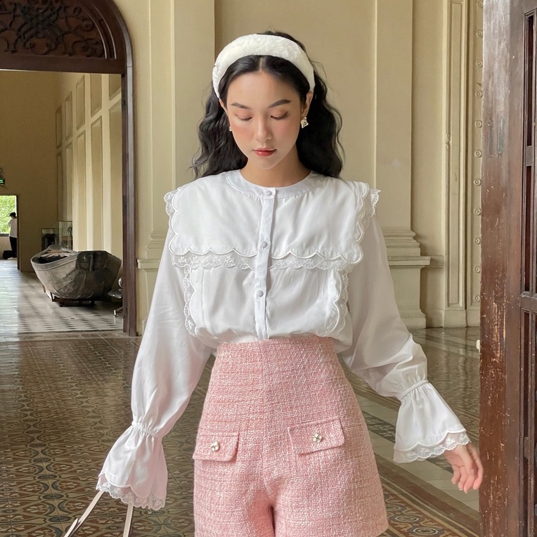Áo sơ mi nữ kiểu, áo sơ mi kiểu, form rộng dài tay lụa phối ren trắng - Carli Shirt