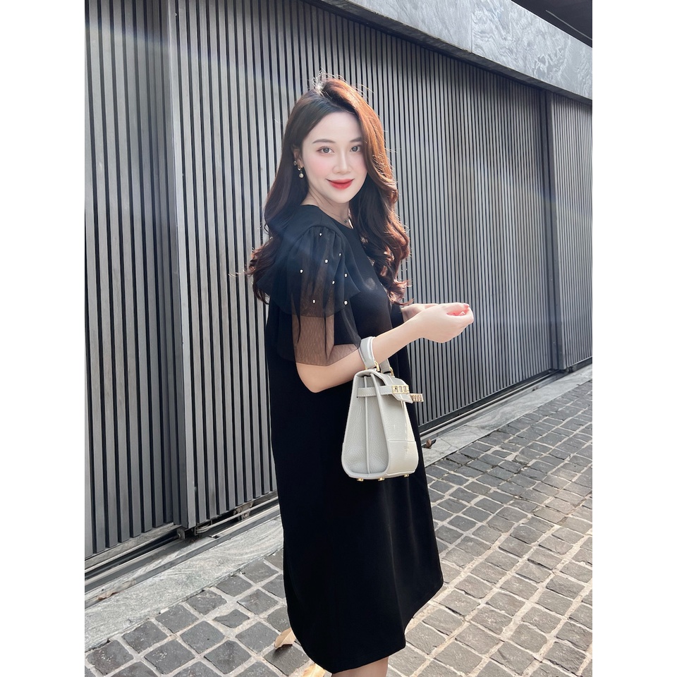 RẬP - Đầm Đính Hạt Trên Tay Lưới Hai Tầng - TITI 08 ĐEN