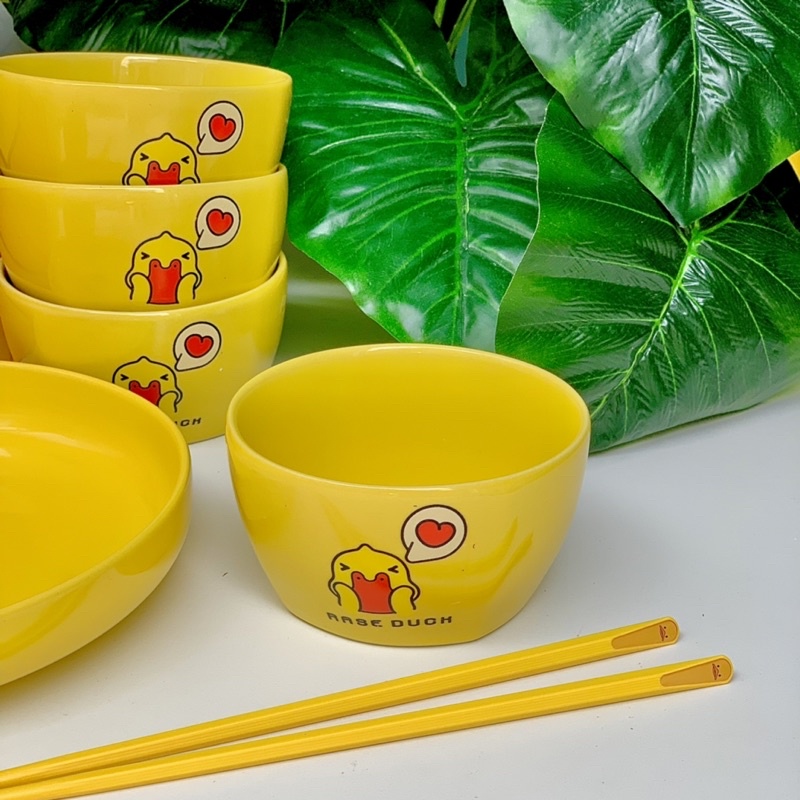 Bộ 2 bát 6 đĩa, Set tô chén gốm sứ Vịt Vàng B.Duck cho gia đình dùng được lò vi sóng, bộ đồ bàn ăn nhà bếp [Bếp nhà Haza
