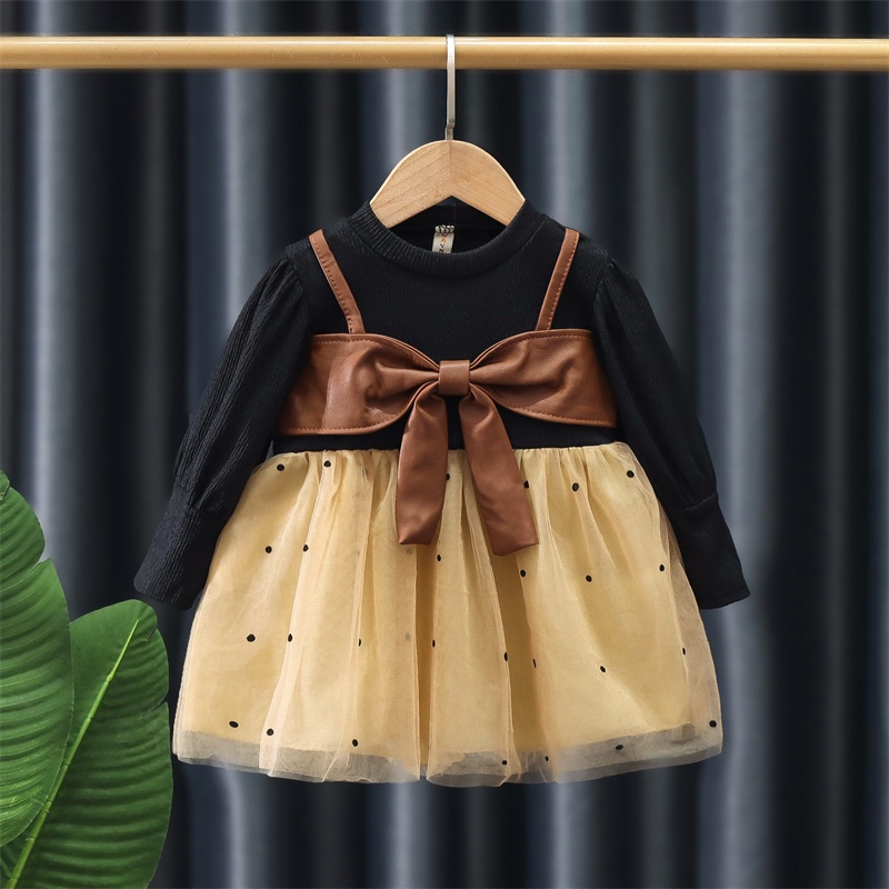 Đầm Công Chúa Vải Tuyn Tay Dài Cổ Tròn Màu Trơn Đính Nơ Phối Da Dễ Thương Thời Trang Xuân Thu Cho Bé Gái 0-3 Tuổi