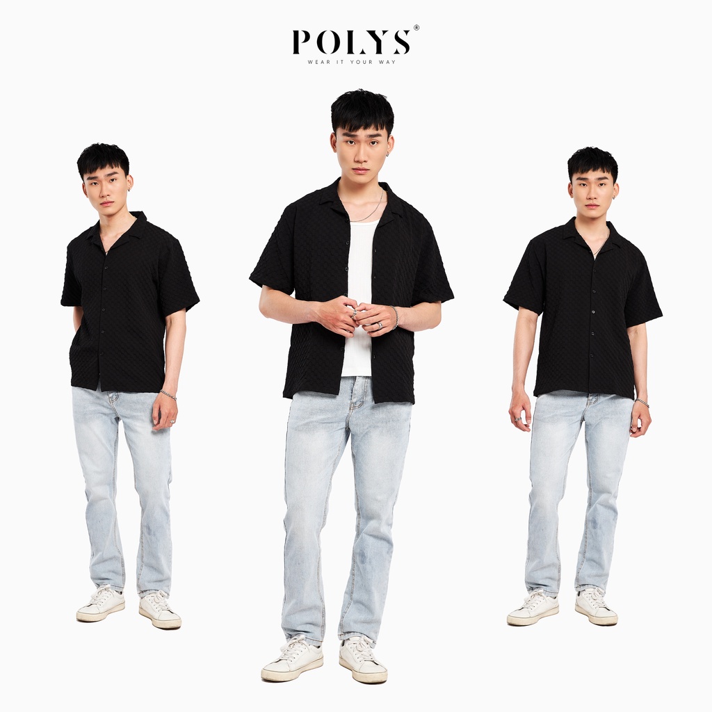 Áo sơ mi nam POLYS Fullbox, Vải Đũi Xốp Ô dập nổi dày dặn và cá tính. Áo sơ mi nam tay ngắn BEVIS