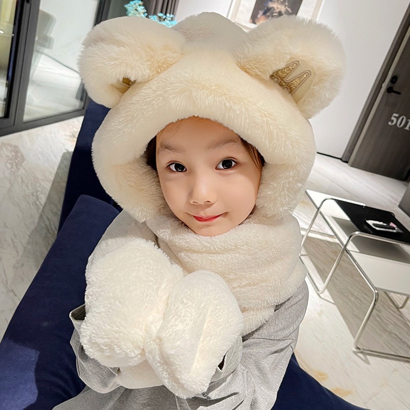 Mũ Len Lông Thỏ Tai Gấu Kèm Khăn và Găng Tay 2In1 Lông Siêu mịn