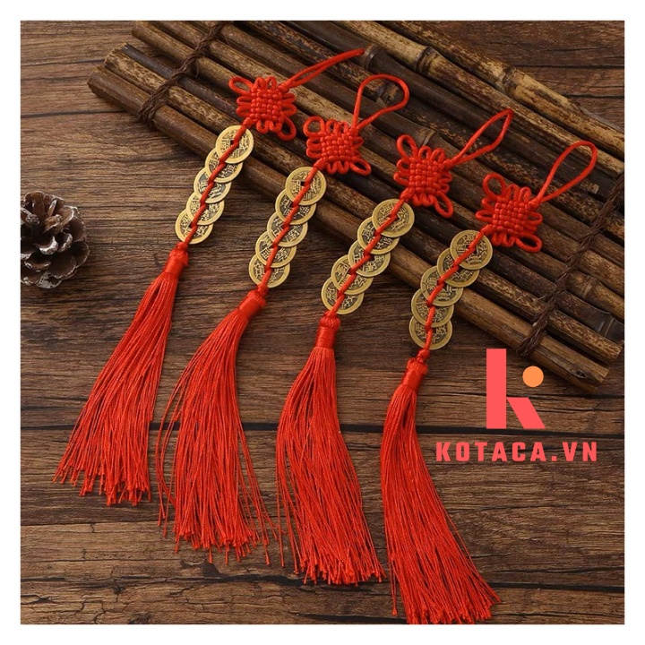 ĐỒNG TIỀN NGŨ PHÚC MAY MẮN GỒM 5 ĐỒNG XU DÂY ĐỎ, Dây xu chất liệu đồng thau nguyên chất