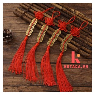 ĐỒNG TIỀN NGŨ PHÚC MAY MẮN GỒM 5 ĐỒNG XU DÂY ĐỎ, Dây xu chất liệu đồng thau nguyên chất