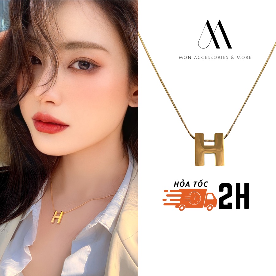 Vòng cổ chocker nữ chất liệu titan màu vàng sang trong mặt dây chuyền chữ H đeo hàng ngày, đeo dự tiệc MON.SG - CK 57