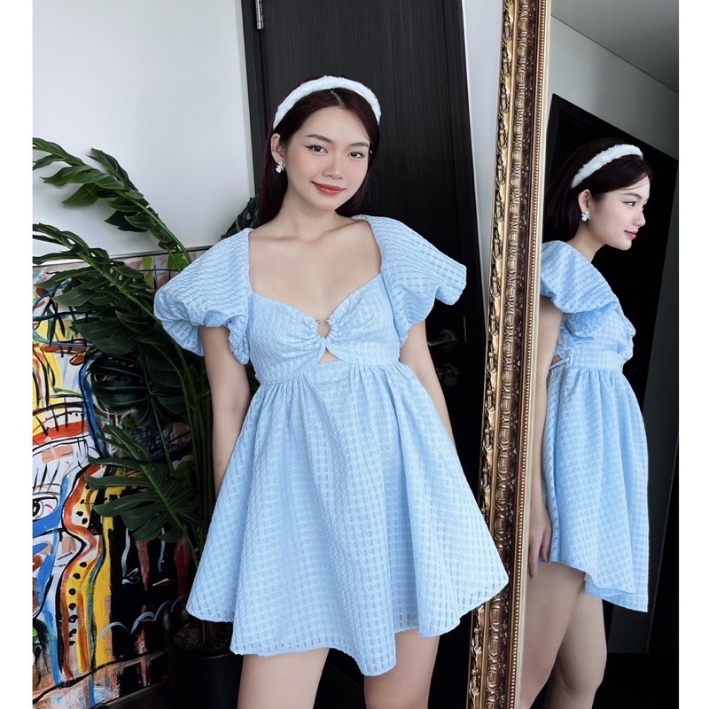 Đầm xoè babydoll tay phồng hở lưng chất voan đan lưới,sang chảnh - 352