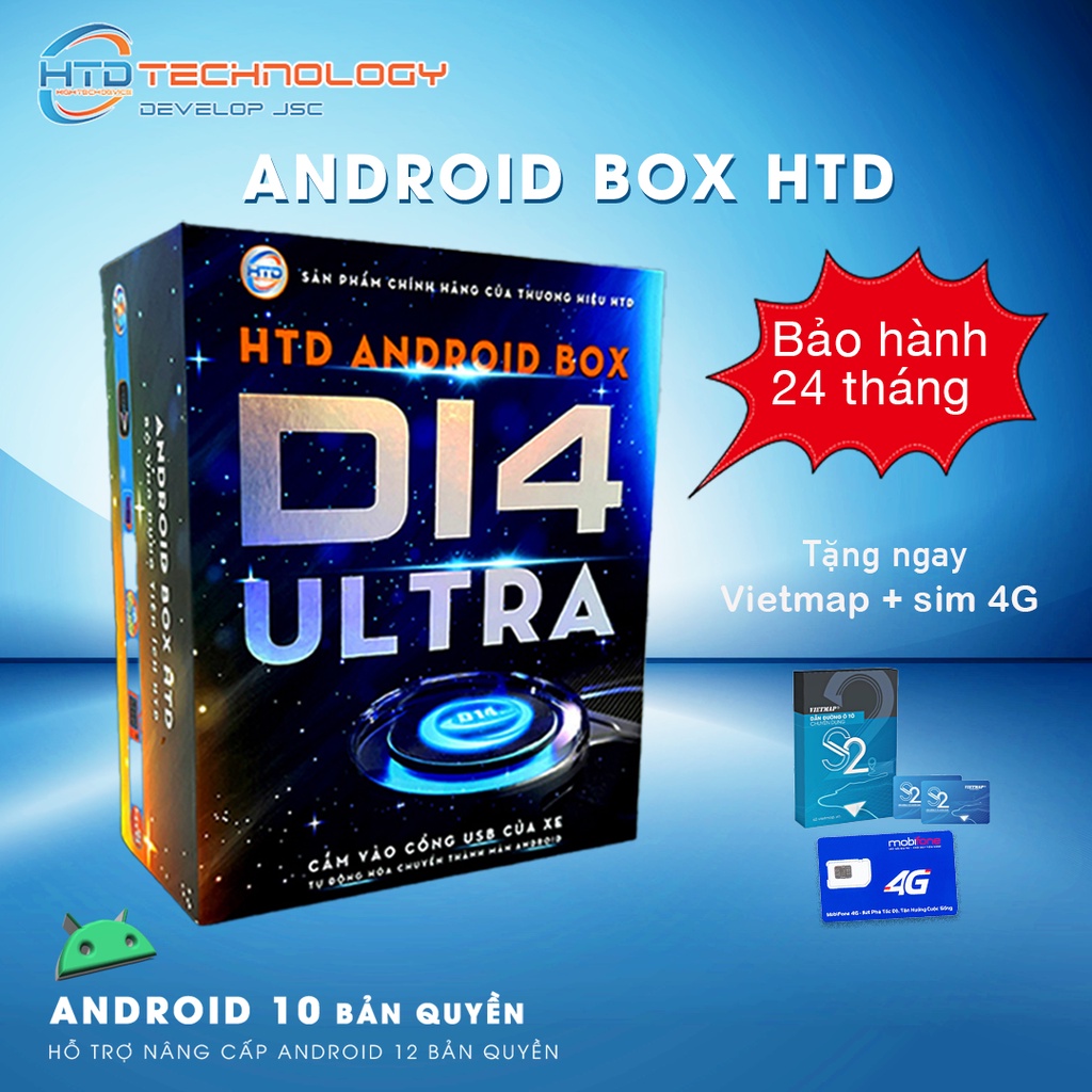 Android box cho ô tô HTD D14 ULTRA - Đèn Led tuỳ chỉnh theo phong thuỷ - Tặng Vietmap s1,s2 + sim 4G