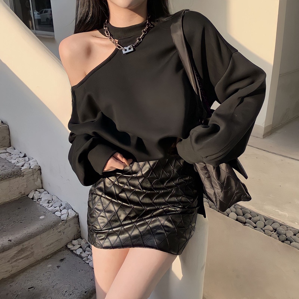 Áo nỉ nữ khoét vai dài tay cá tính 4 màu Freesize form dưới 62kg mặc đẹp-Minxy shop