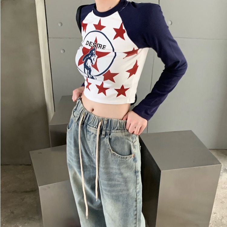 SUXI Áo Thun Tay Dài Dáng Ôm In Họa Tiết Ngôi Sao Thời Trang Cho Nữ