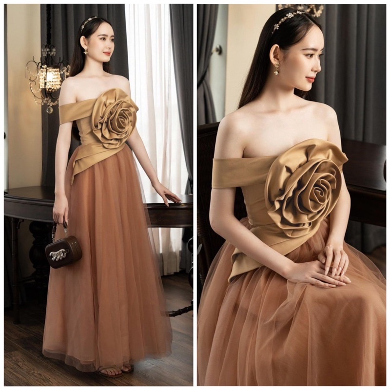 Ms1367Y ĐẦM LƯỚI BẸT VAI XOẮN HOA HỒNG  full size S/M/L/XL