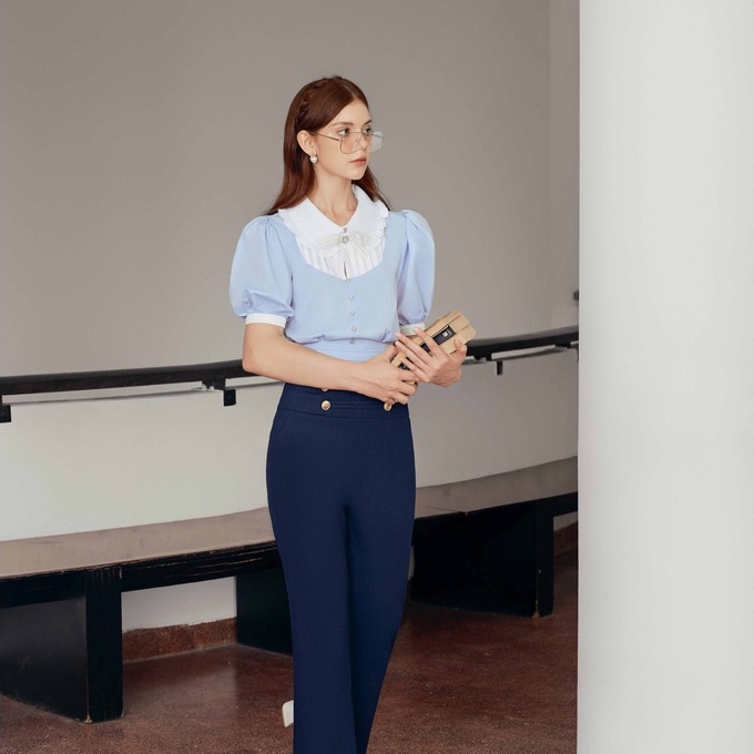 Áo croptop kiểu nữ tay ngắn bồng form vừa xanh phối yếm trắng tiểu thư, nữ tính đi làm, đi học, đi chơi - Lyra Shirt