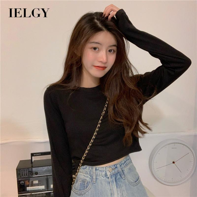 IELGY IELGY Áo Thun Tay Dài Hở Rốn Màu Trắng Thời Trang Cho Nữ