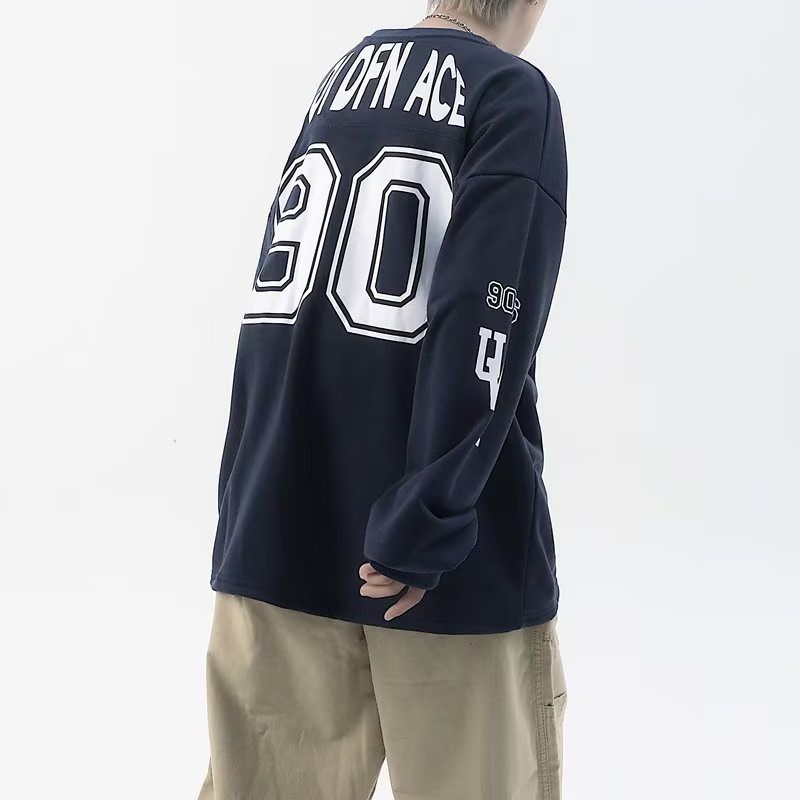 Áo Thun Tay Dài Chui Đầu Dáng Rộng In Hình Khúc Côn Cầu 90 Hockey Jersey Phong Cách Retro Đường Phố Mỹ