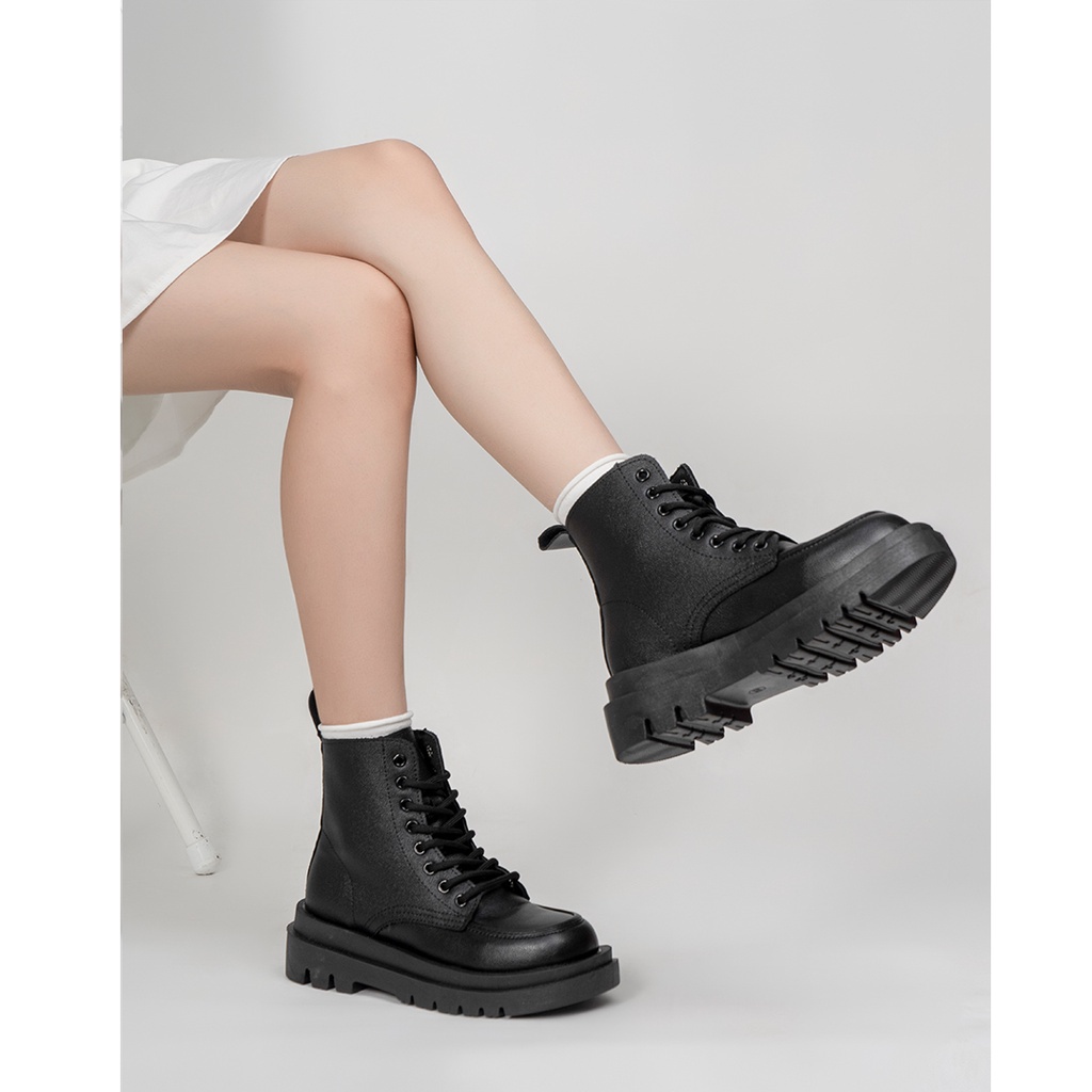 Giày Bốt Nữ Cổ Cao Giày BOM Da PU Bóng Mềm Đế Cao Hot Trend Ulzzang Thời Trang Mới Nhất Màu Đen giayBOM GB Boot B1185