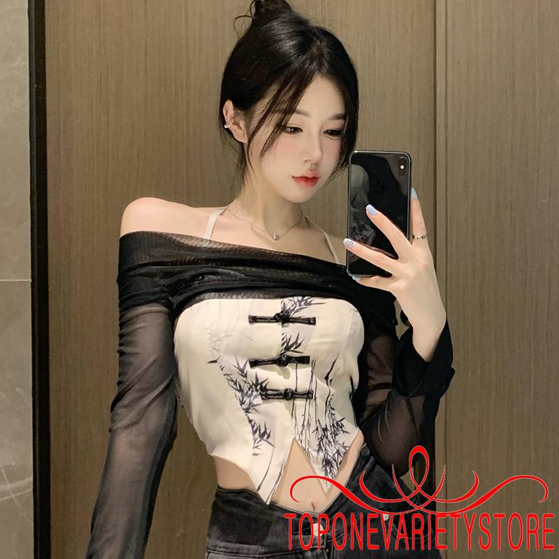 Áo Croptop Dài Tay Hở Lưng + Áo Cột Dây In Họa Tiết Lá Tre Gợi Cảm Cho Nữ