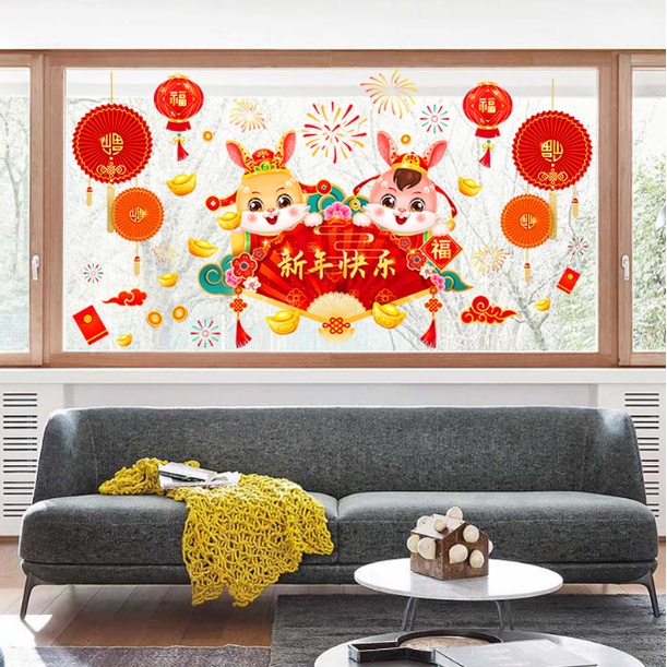 Decal trang trí Tết - Trung Thu hít tĩnh điện - 2 Chú thỏ và chiếc quạt đỏ