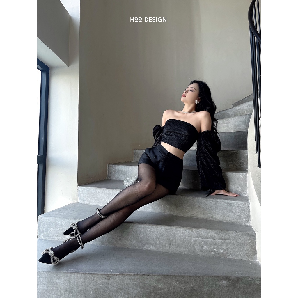 Áo Croptop Trễ Vai Vải Gấm Tay Rút Dây Tiểu Thư Màu Đen - HOO DESIGN