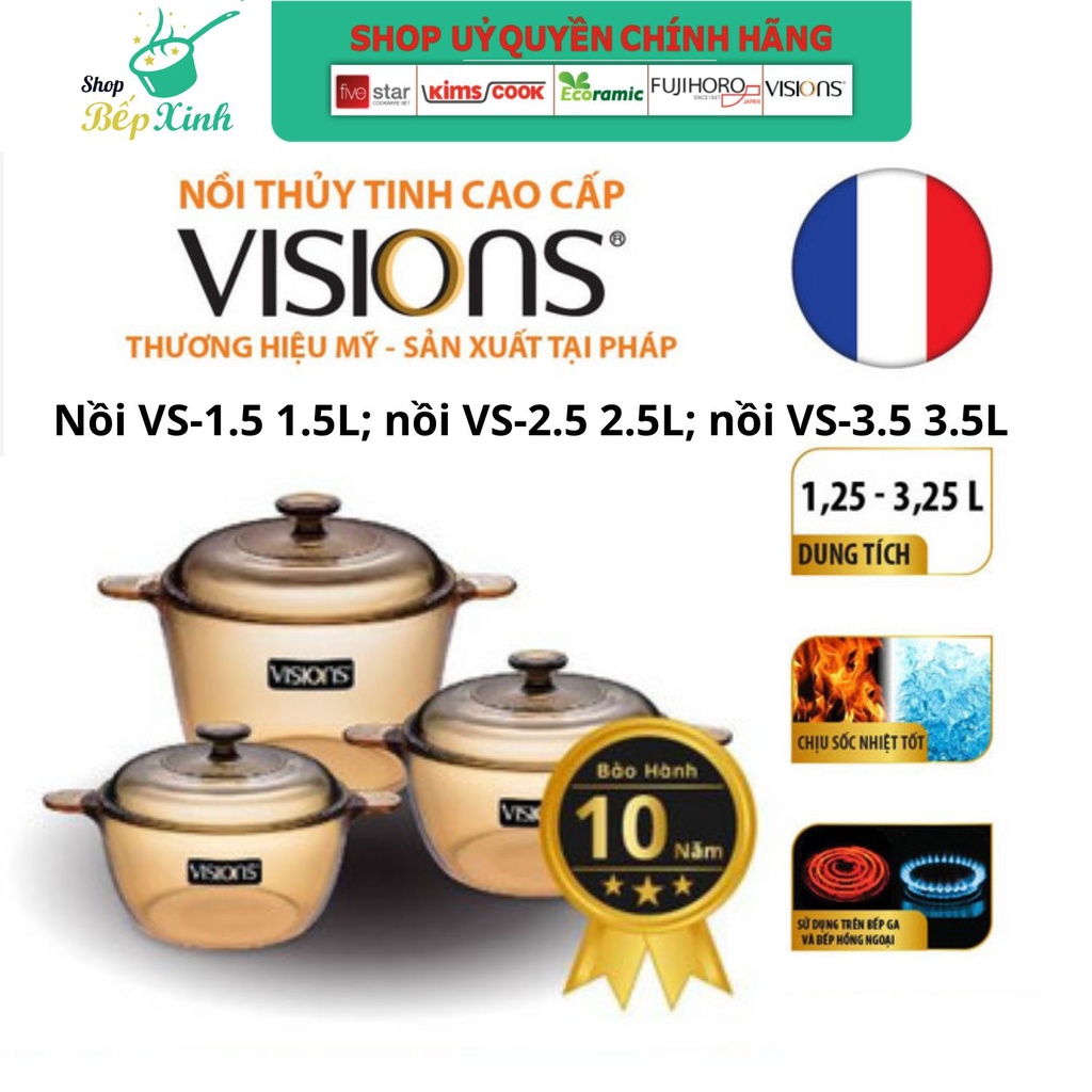 Bộ 3 nồi thủy tinh Visions (loại lớn) VS-330 , Bảo Hành 10 năm , Xuất xứ từ Pháp ,Hàng chính hãng