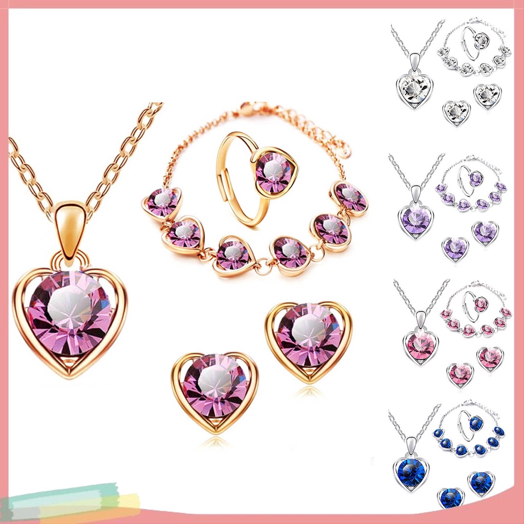 Bộ Trang Sức 4 Món Mặt Trái Tim Đính Đá Thời Trang Dành Cho Nữ