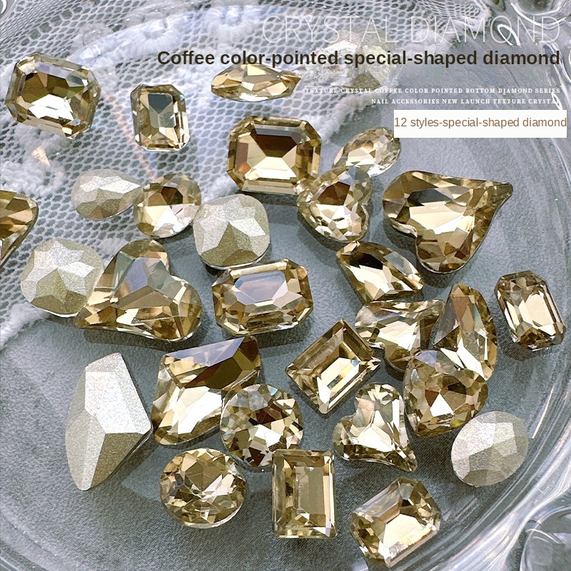 Pha Lê Màu Cà Phê Đáy Nhọn Nail Art Trang Sức Kim Cương / Rìu hình trái tim trái đào cong hình trái tim béo móng tay vuông trang sức kim cương