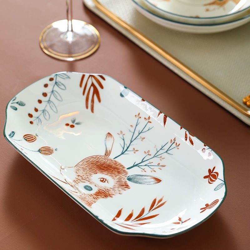 Đĩa Cá đĩa hình chữ nhật bằng gốm màu Đỏ lưới sáng tạo gia dụng đĩa Cá hấp/Đĩa hình bầu dục đĩa Cá h