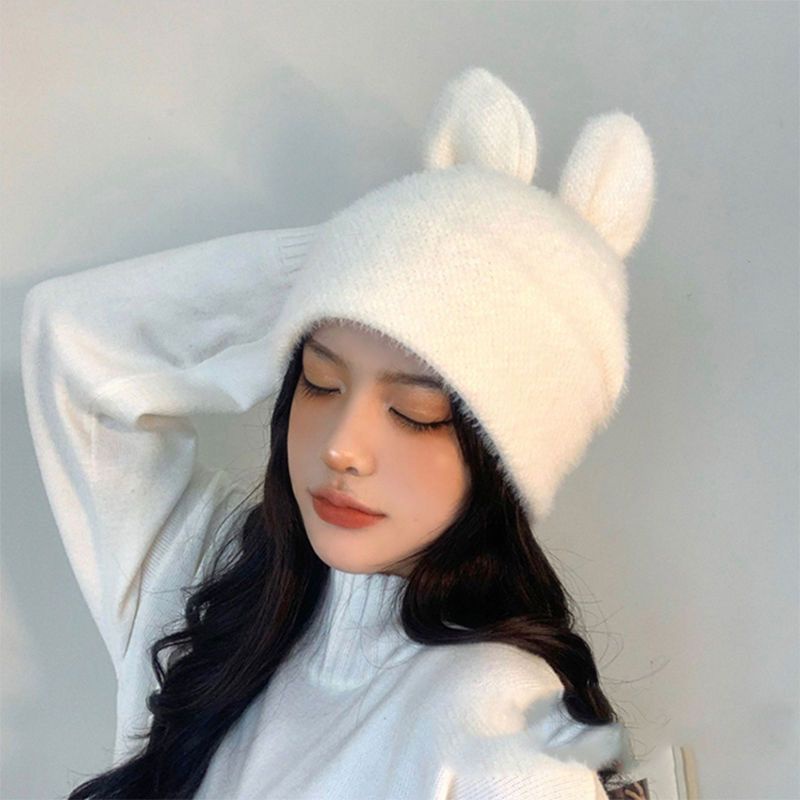 Mũ Len Dệt Kim Dày Dặn Đính Tai Thỏ Dễ Thương Thời Trang Mùa Đông Cho Nữ