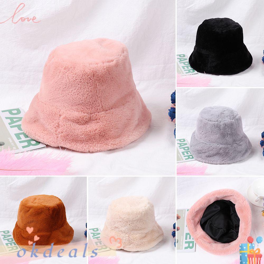 Mũ Bucket Lông Giả Màu Trơn Giữ Ấm Mùa Đông Cho Nữ