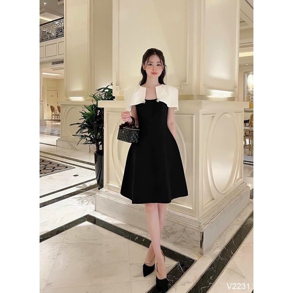 Đầm Umi Tay Bồng Trắng Đính Ngọc Dáng Váy Xoè Pha Thân Đen
