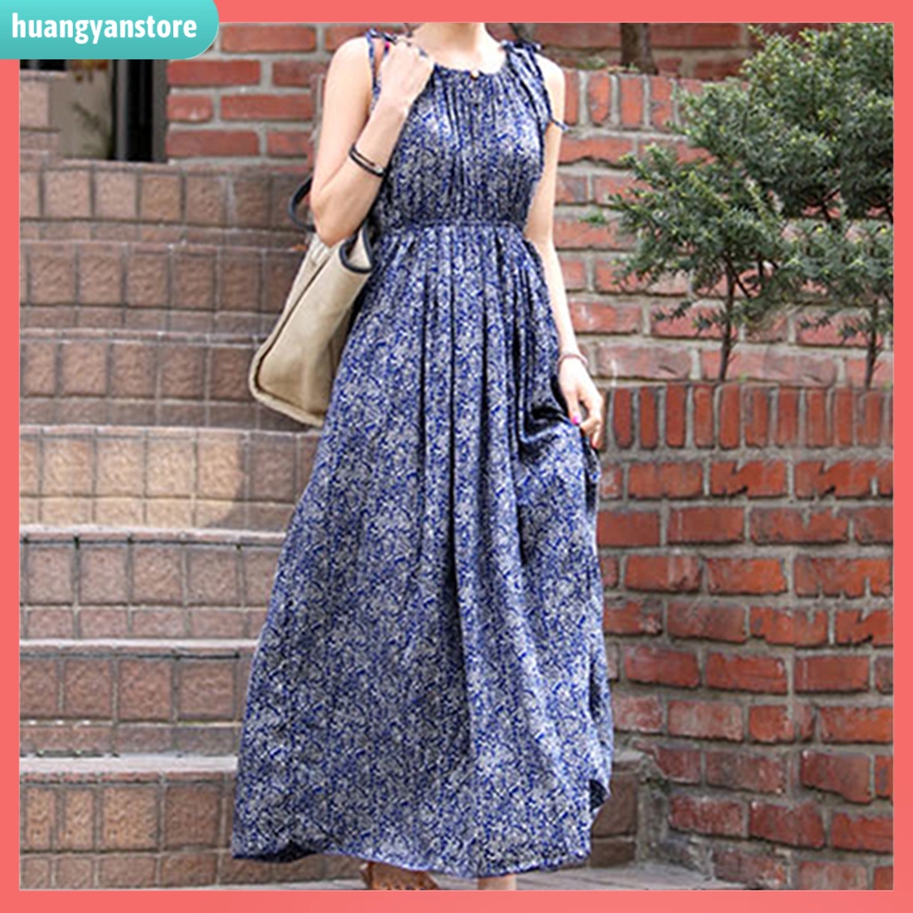 HY/ Váy maxi không tay in hoa phong cách Boho thời trang cho nữ