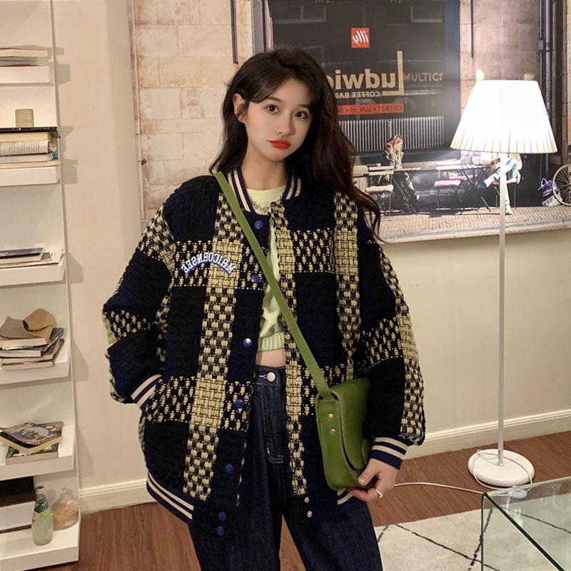 Áo Khoác Bomber Dày Dáng Rộng Kẻ Sọc Kiểu Vintage Thời Trang Mùa Đông Cho