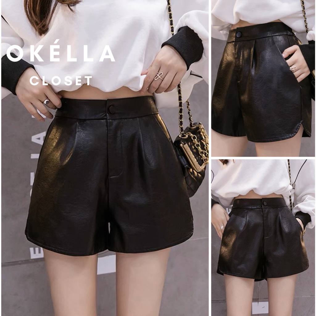 Quần Short nữ chất da PU lưng chun phía sau Okélla