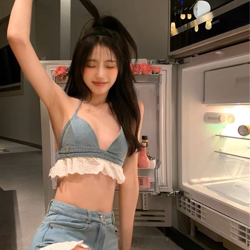 Set áo croptop+quần jean phối ren Ulzzang Set Đồ Nữ Quần Short Nữ Ngắn Croptop 2 Dây Sexy Bikini Đi Biển